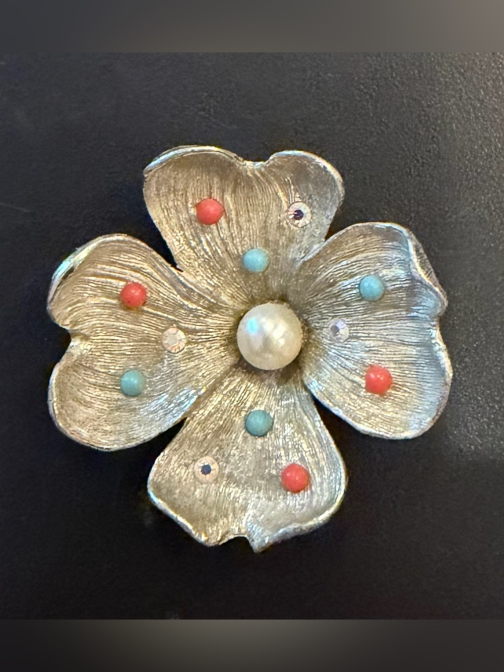 Vintage Silver Toned Flower Brooch with Pearl Center and Coral/Turquoise Accents